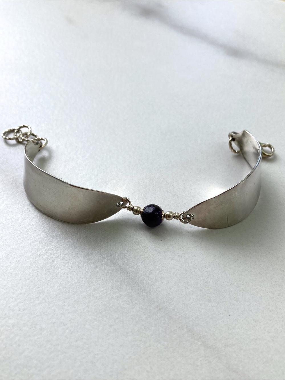 Handcrafted Silver Pate Knife Bracelet with Dark Purple Amethyst Gemstone